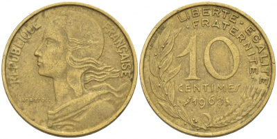 ФРАНЦИЯ 10 САНТИМОВ 1968 ТИП MARIANNE KM 929, LE FRANC 144.8 алюминиевая бронза 3309-1051