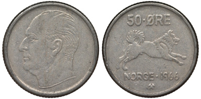 Норвегия 50 эре 1966 Улаф V (1957-1991), собака KM 408 медно-никель 4128-1133