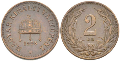 Венгрия 2 филлера 1908 KB, Франц Иосиф I (1848-1916) KM 481 бронза 201-228