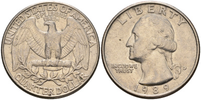 США 25 центов = квотер 1989 Вашингтон, D KM А164а медь плакированная медно-никелем    08-536