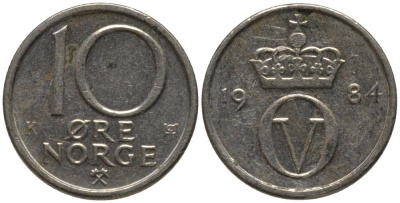 НОРВЕГИЯ 10 ЭРЕ 1984 УЛАФ V KM 416 медно-никель 218-235
