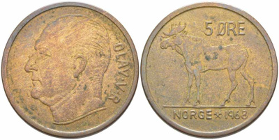 НОРВЕГИЯ 5 ЭРЕ 1968 ЛОСЬ, УЛАФ V (1957-1991) KM 405 бронза 72-1512