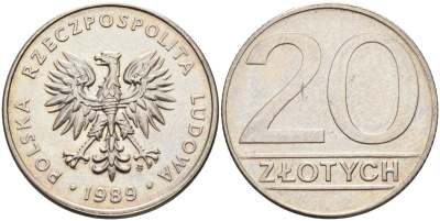 Польша 20 злотых 1989 MW, Народная Республика KM 153.2, Parchimowicz 255a медно-никель 4681-421