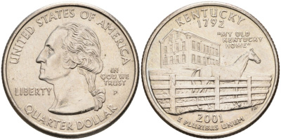 США 25 центов = квотер 2001 Р, серия штаты США, Кентукки KM 322 медь плакированная медно-никелем UNC 92-823