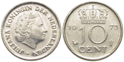 НИДЕРЛАНДЫ 10 ЦЕНТОВ 1973 ЮЛИАНА KM 182 никель 112-347