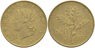 ИТАЛИЯ 20 ЛИР 1973 R, ДУБОВЫЕ ЛИСТЬЯ KM 97.2 алюминиевая бронза 4551-254