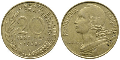 Франция 20 сантимов 1983 тип Марианна KM 930 медь алюминий никель 3461-243
