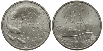 Финляндия 20 евро 2011 защита Балтийского моря, нерпа, сертификат KM 169 a серебро UNC 1066-10-45