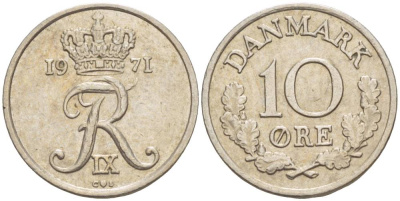 ДАНИЯ 10 ЭРЕ 1971 C; S, ФРЕДЕРИК IX (1947-1972) KM 849.1 медно-никель 4551-142