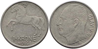 НОРВЕГИЯ 1 КРОНА 1967 ЛОШАДЬ KM 409 медно-никель 51-2755