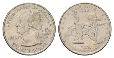 США 25 центов (квотер, 1/4 доллара) 2001 P, Квотер штата Нью-Йорк KM 318 медь плакированный медно-никелем UNC 4628-1144