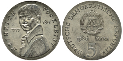 ГДР 5 марок 1986 A, 175 лет со дня смерти Генриха фон Клейтца KM 112 серебро UNC 1521-1524