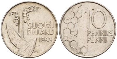 ФИНЛЯНДИЯ 10 ПЕННИ 1993 М, ЛАНДЫШ KM 65 медно-никель 192-1142
