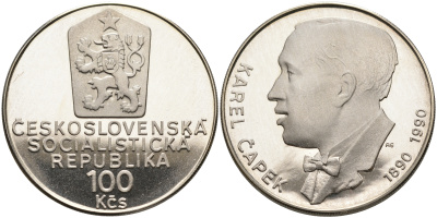 Чехословакия 100 крон 1990 100 лет со дня рождения Карла Чапека (1890-1938) KM 137 серебро PROOF 00-000-00