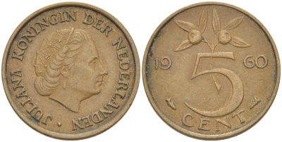 НИДЕРЛАНДЫ 5 ЦЕНТОВ 1960 ЮЛИАНА KM 181 бронза 214-814