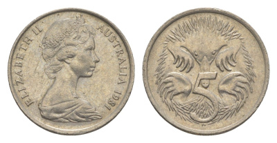 Австралия 5 центов 1981 Елизавета II (1952-2022) молодой портрет, ехидна KM 64 медно-никель 4152-669