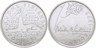 Финляндия 10 евро 2008 Мика Валтари, писатель KM 142 серебро  UNC 1077-8-23  1077-8-23