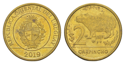 Уругвай 2 песо 2019 KM 137 сталь плакированная латунью UNC 4167-816