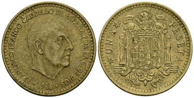 Испания 1 песета 1966 (73) Франсиско Франко (1939-1975) KM 796 алюминиевая бронза 4138-1027