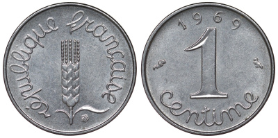 Франция 1 сантим 1969 пятая республика KM 928, Le Franc 106.18 нержавеющая сталь 4124-423