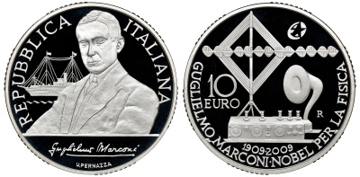 Италия 10 евро 2009 100 лет со дня вручения нобелевской премии Гильермо Маркони, изобретатель радио, в оригинальной коробочке, с сертификатом KM 317 серебро PROOF 4-3-4-20