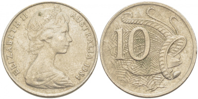 Австралия 10 центов 1984 Елизавета II (1952-), птица лирахвост KM 65 медно-никель 3457-653