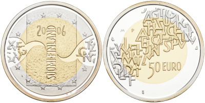 Финляндия 50 евро 2006 Финляндия - председатель ЕС KM 133 золото биметалл PROOF 00-811-12