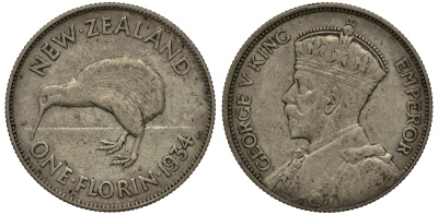 Новая Зеландия 1 флорин 1934 Георг V (1910-1936), птичка киви KM 4 серебро 272-1232