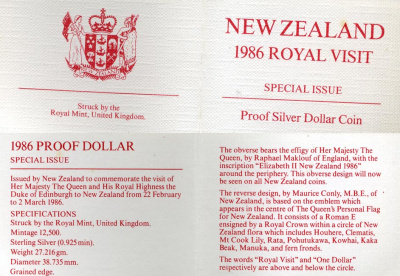 Новая Зеландия 1 доллар 1986 Королевский визит, Елизавета II (1952-2022), в оригинальной коробке KM 56а серебро PROOF 7-4-1-44