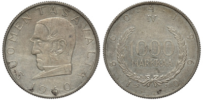 Финляндия 1000 марок 1960 S-J, 100 лет марочной системе Снеллмана (1860-1960) KM 43 серебро 441-325