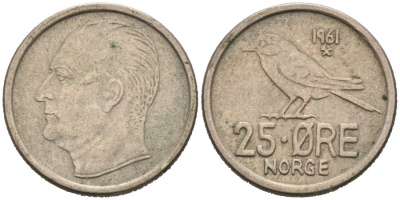 Норвегия 25 эре 1961 Улаф V (1958-1991), синица KM 407 медно-никель 4564-827