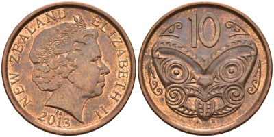 Новая Зеландия 10 центов 2013 маска Маори, Елизавета II (1952-) KM 117а сталь плакированная медью 83-1255
