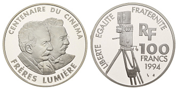 Франция 100 франков 1994 100 лет кинематографу - Братья Люмьер KM 1072 серебро PROOF 11-313-11