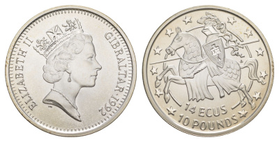 Гибралтар 14 экю = 10 фунтов 1992 Рыцарь, влево, малый портрет Королевы, редкая KM 89 серебро BU 1083-5-43