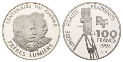 Франция 100 франков 1994 100 лет кинематографу - Братья Люмьер KM 1072 серебро PROOF 11-313-11