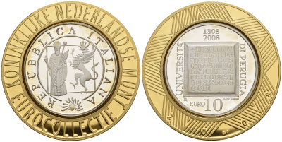 Италия 10 евро 2008 700 лет Университету Перуджиа, коллекция Нидерландского монетного двора KM 306 серебро PROOF 11-060-31