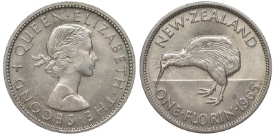 Новая Зеландия 1 флорин 1965 Елизавета II (1952-2022), птичка киви KM 28.2 медно-никель UNC 4526-526