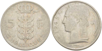 БЕЛЬГИЯ 5 ФРАНКОВ 1965 BELGIQUE, БОДУЭН I (1951-1993) KM 134.1 медно-никель 213-553