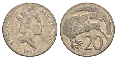 Новая Зеландия 20 центов 1987 Елизавета II (1952-2022), птичка киви KM 62 медно-никель 4187-347