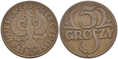 ПОЛЬША 5 ГРОШЕЙ 1935 w KM 10а бронза 112-1156