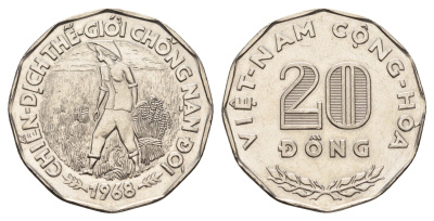 Южный Вьетнам 20 донгов 1968 ФАО, CHIẾN-DỊCH THẾ-GIỚI CHÕNG NẠN ÐÓI KM 11 сталь плакированная никелем UNC 4672-934