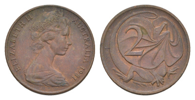 Австралия 2 цента 1981 Елизавета II (1952-2022), плащеносная ящерица KM 63 бронза 4655-1247