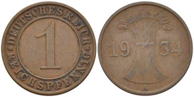 ГЕРМАНИЯ 1 РЕЙХСПФЕННИГ 1934 A KM 37, J. 313, Weege 2 бронза 211-126