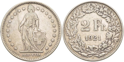 Швейцария 2 франка 1921 В KM 21 серебро 4542-433