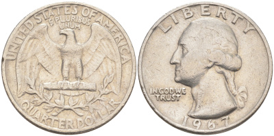 США 25 центов (квотер) 1967 Вашингтон KM 164a медь плакированная медно-никелем 83-1613