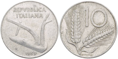 ИТАЛИЯ 10 ЛИР 1969 R, КОЛОСЬЯ, ПЛУГ KM 93 алюминий 4551-213