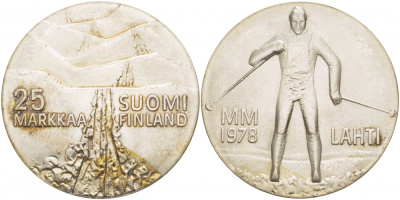 Финляндия 25 марок 1978 K-N, 21 Чемпионат мира по лыжным видам спорта 1978 в Лахти KM 56 серебро UNC 1515-1242