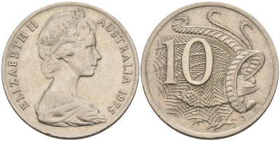 Австралия 10 центов 1975 Елизавета II (1952-), птица лирахвост KM 65 медно-никель 4566-456