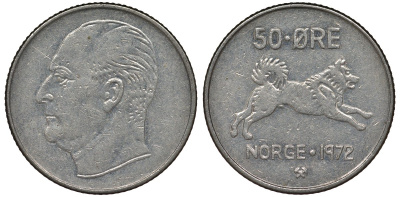 Норвегия 50 эре 1972 Улаф V (1957-1991), собака KM 408 медно-никель 4128-1137