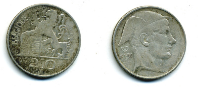 Бельгия 20 франков 1950 Леопольд III (1934-1950), BELGIQUE KM 140.1 серебро 86-1523